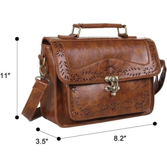 Women PU Leather Satchel Purse Vintage Small College Crossbody - Picture 6 of 7